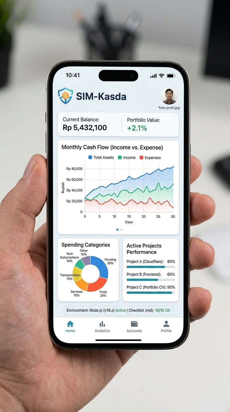 Tangkapan layar aplikasi SIM-Kasda menunjukkan antarmuka pemantauan saldo kas daerah, grafik arus kas bulanan, dan status kinerja proyek anggaran