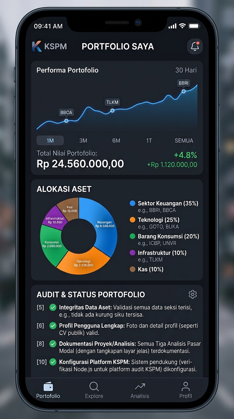 Tangkapan layar dashboard KSPM Stock Portfolio Tracker Mobile menampilkan grafik tren nilai portofolio saham dan diagram donat alokasi sektoral