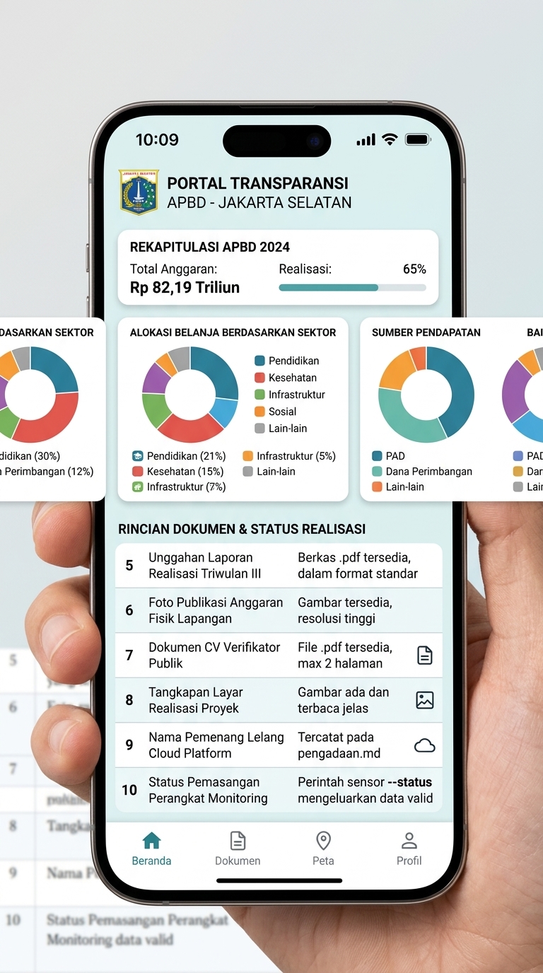 Tangkapan layar Portal Transparansi APBD Jakarta Selatan menunjukkan rekapitulasi anggaran 82 triliun rupiah dan proporsi belanja sektoral